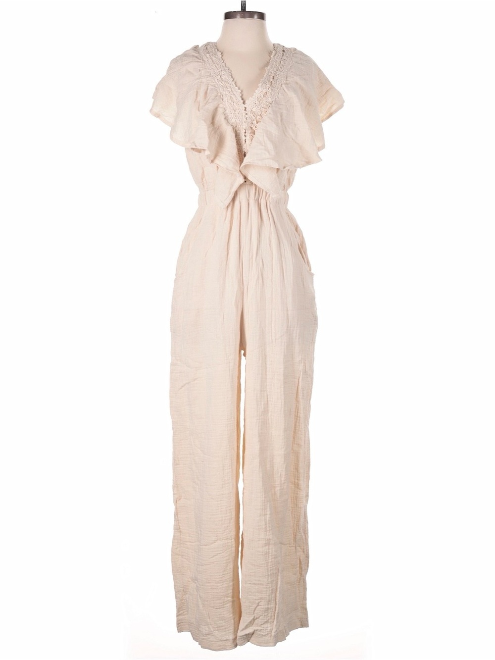 Ruffle V-Neck Cream Jumpsuit with Elastic Waist
